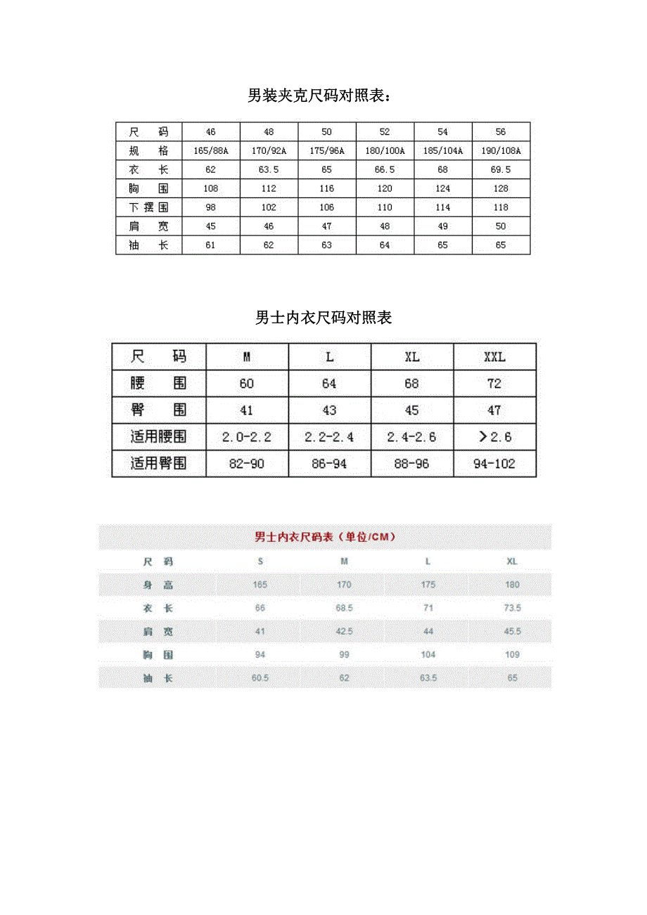 男士内衣尺码对照表_第1页