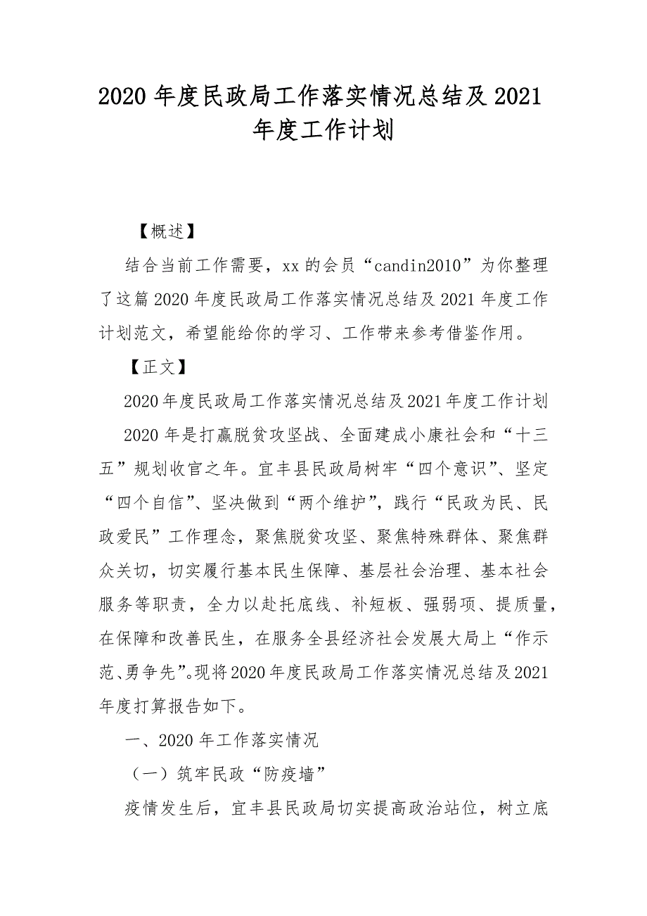 2020年度民政局工作落实情况总结及2021年度工作计划_第1页