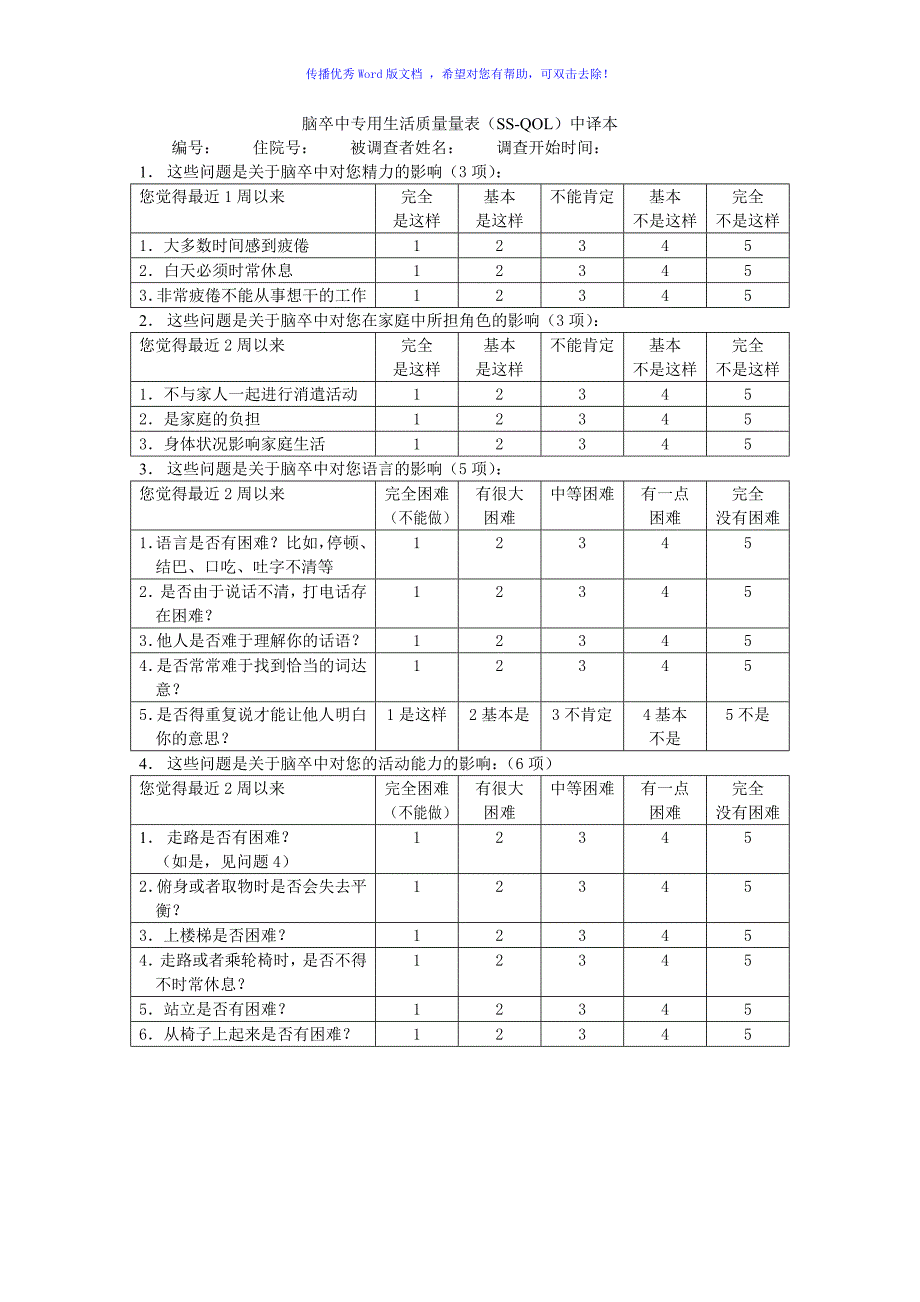 脑卒中专用生活质量量表Word版_第1页