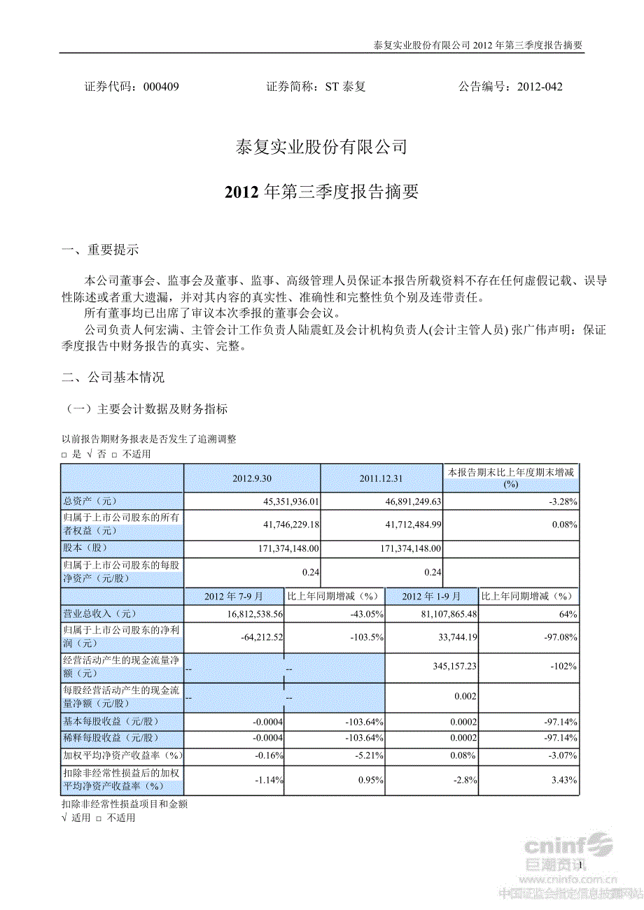 ST泰复第三季度报告正文_第1页