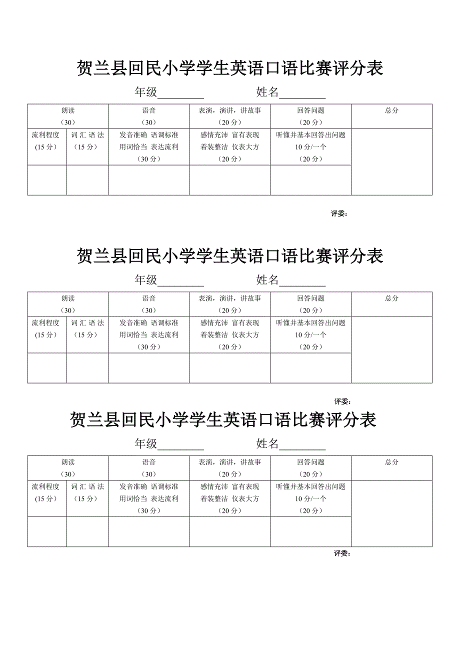 英语口语比赛评分表1_第1页