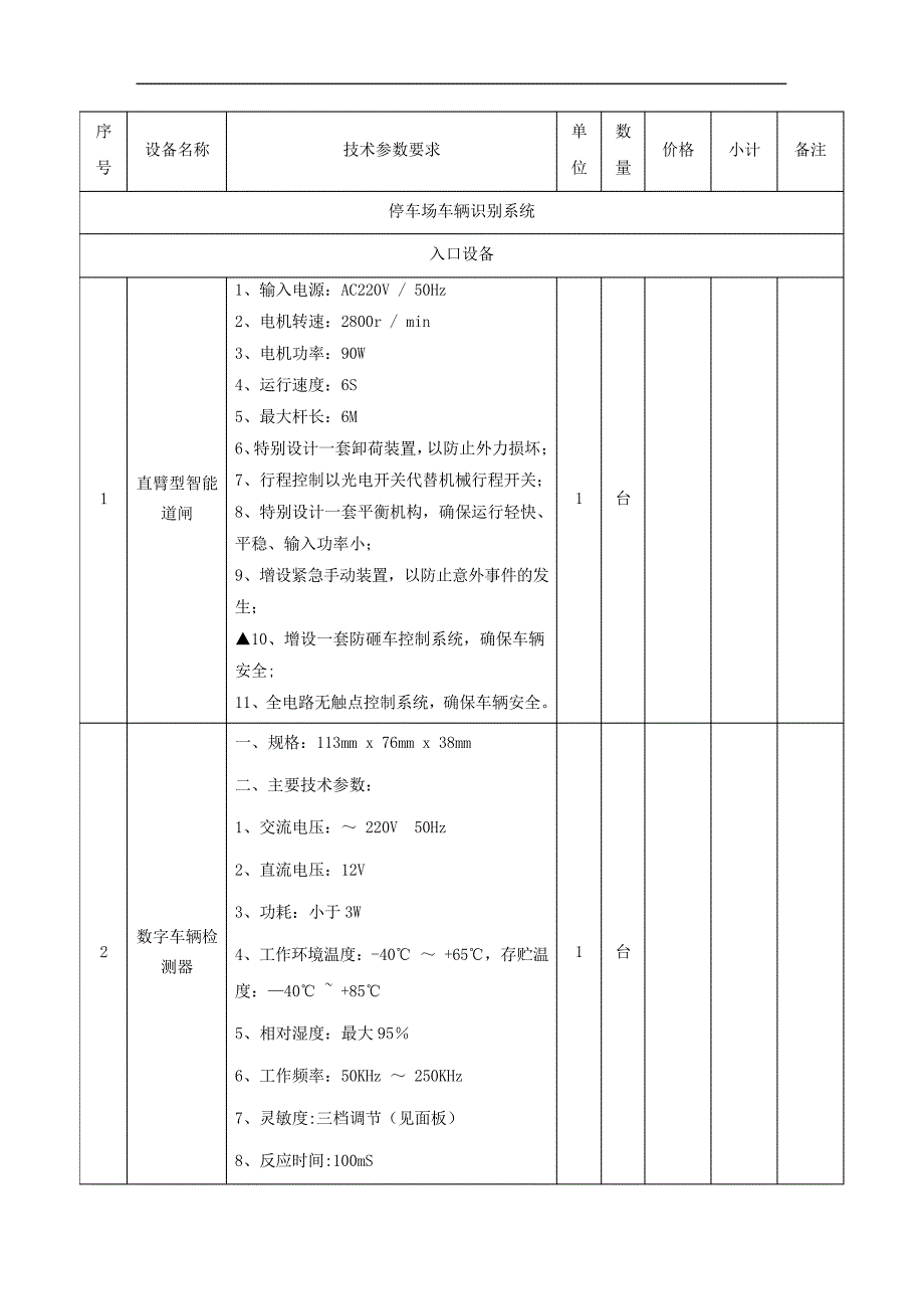 车牌识别无人值守停车场收费管理系统清单_第1页