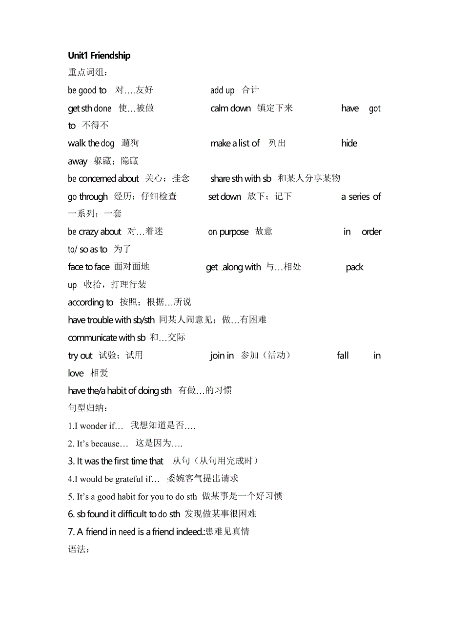 人教版高中英语必修1短语、句型语法总复习_第1页