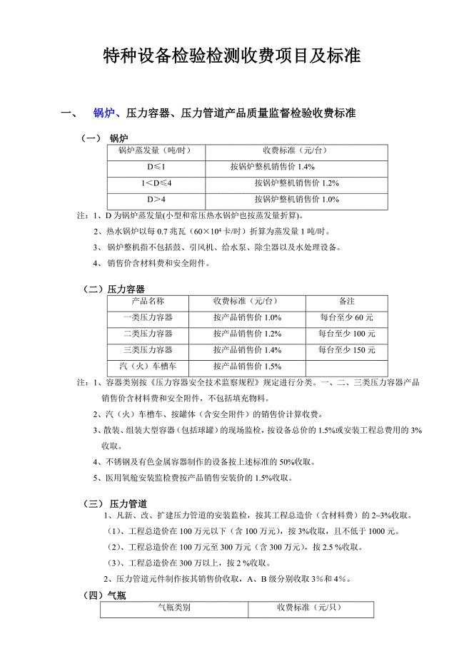 特种设备检验检测收费项目及标准