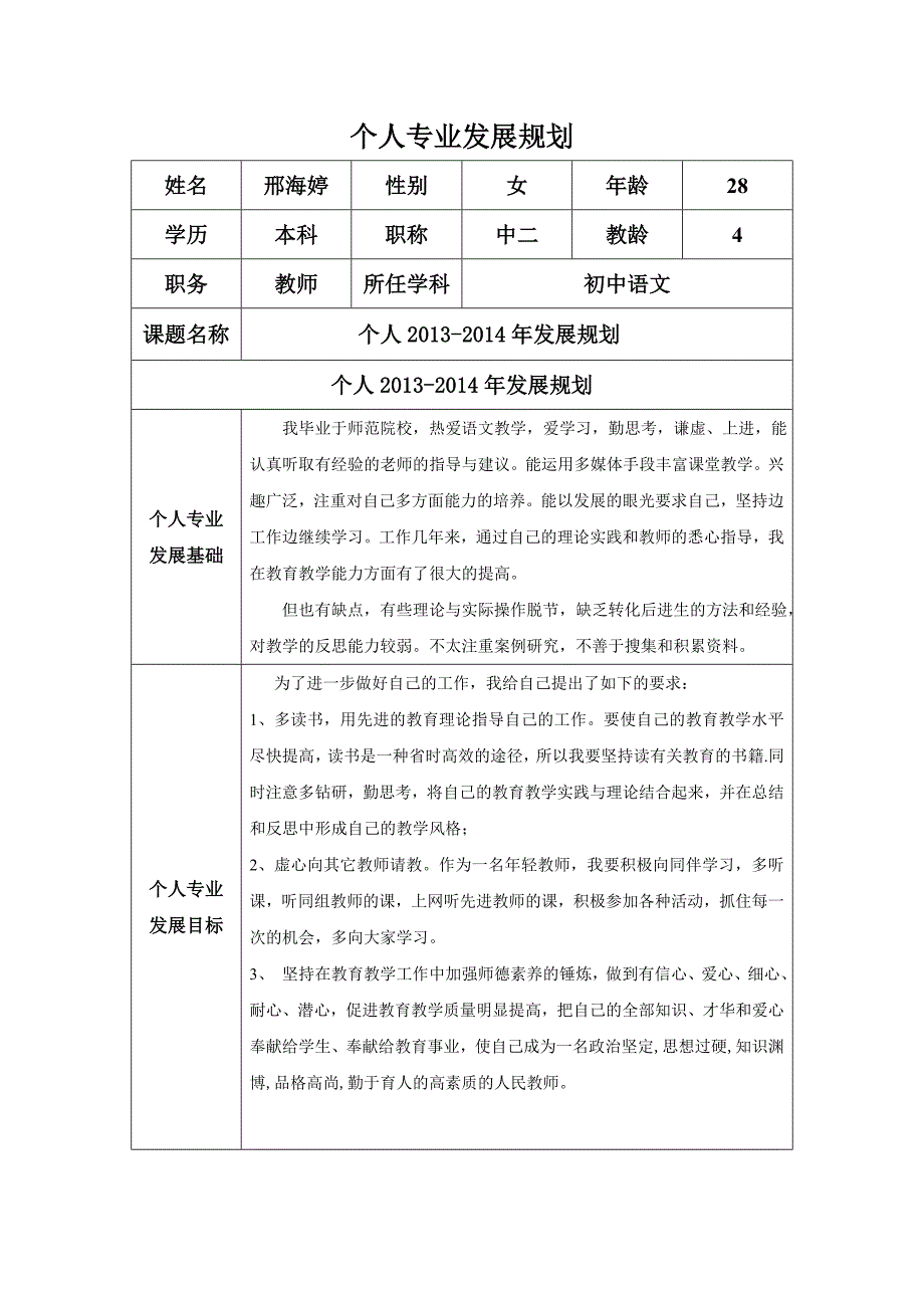 个人专业发展计划（邢海婷）（修改）.doc_第1页