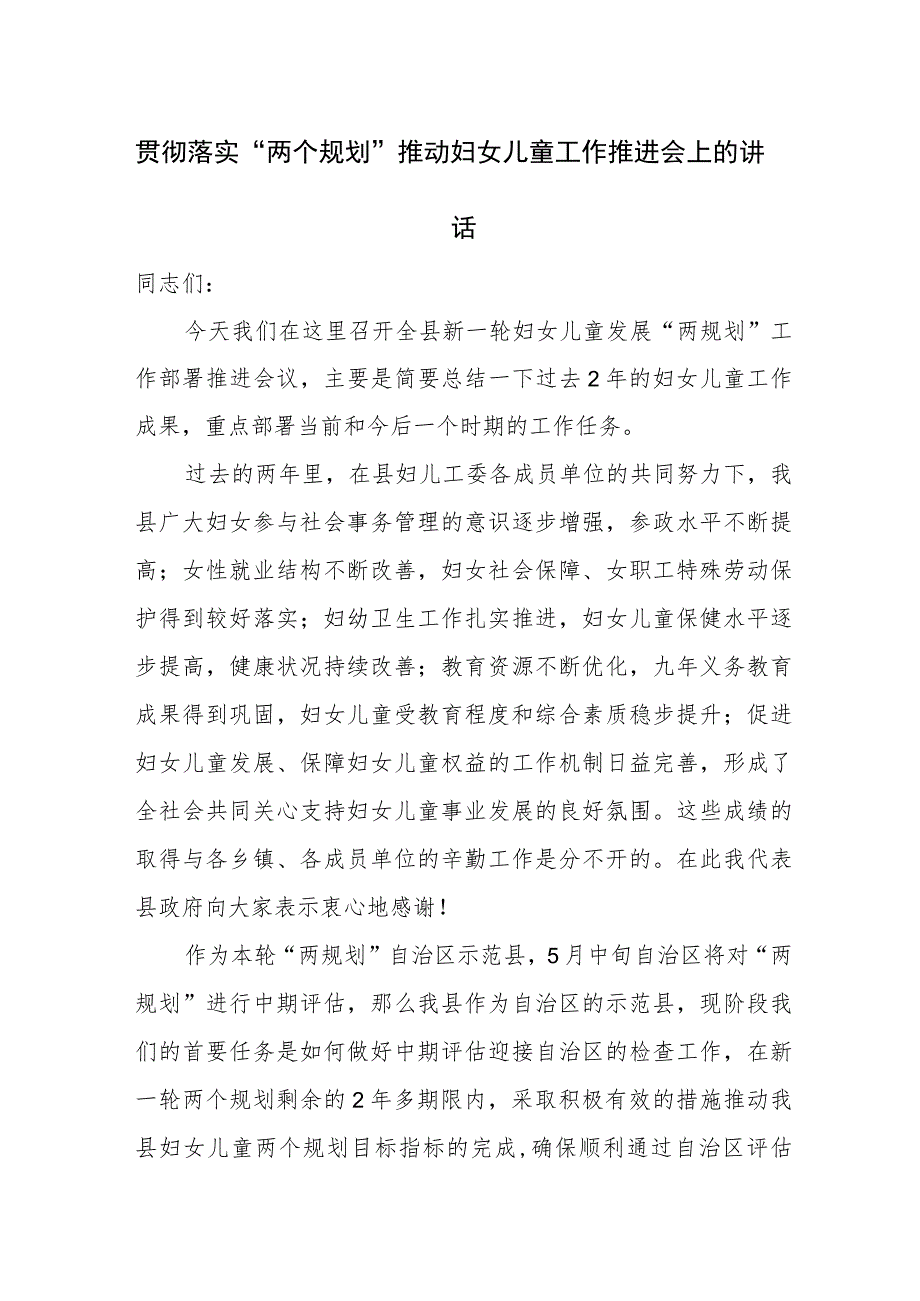 贯彻落实“两个规划”推动妇女儿童工作推进会上的讲话_第1页