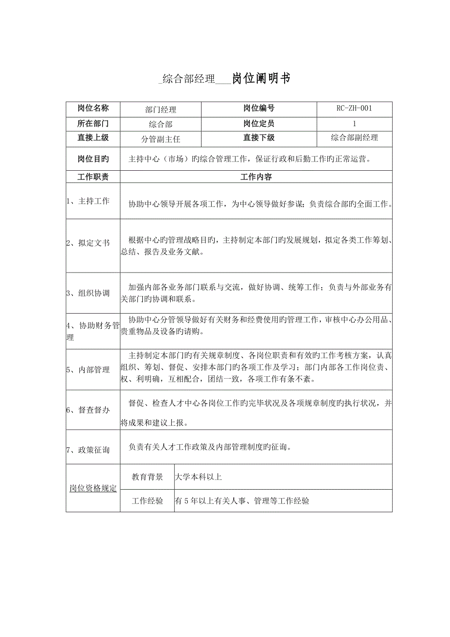 综合部部门经理岗位基本职责_第1页