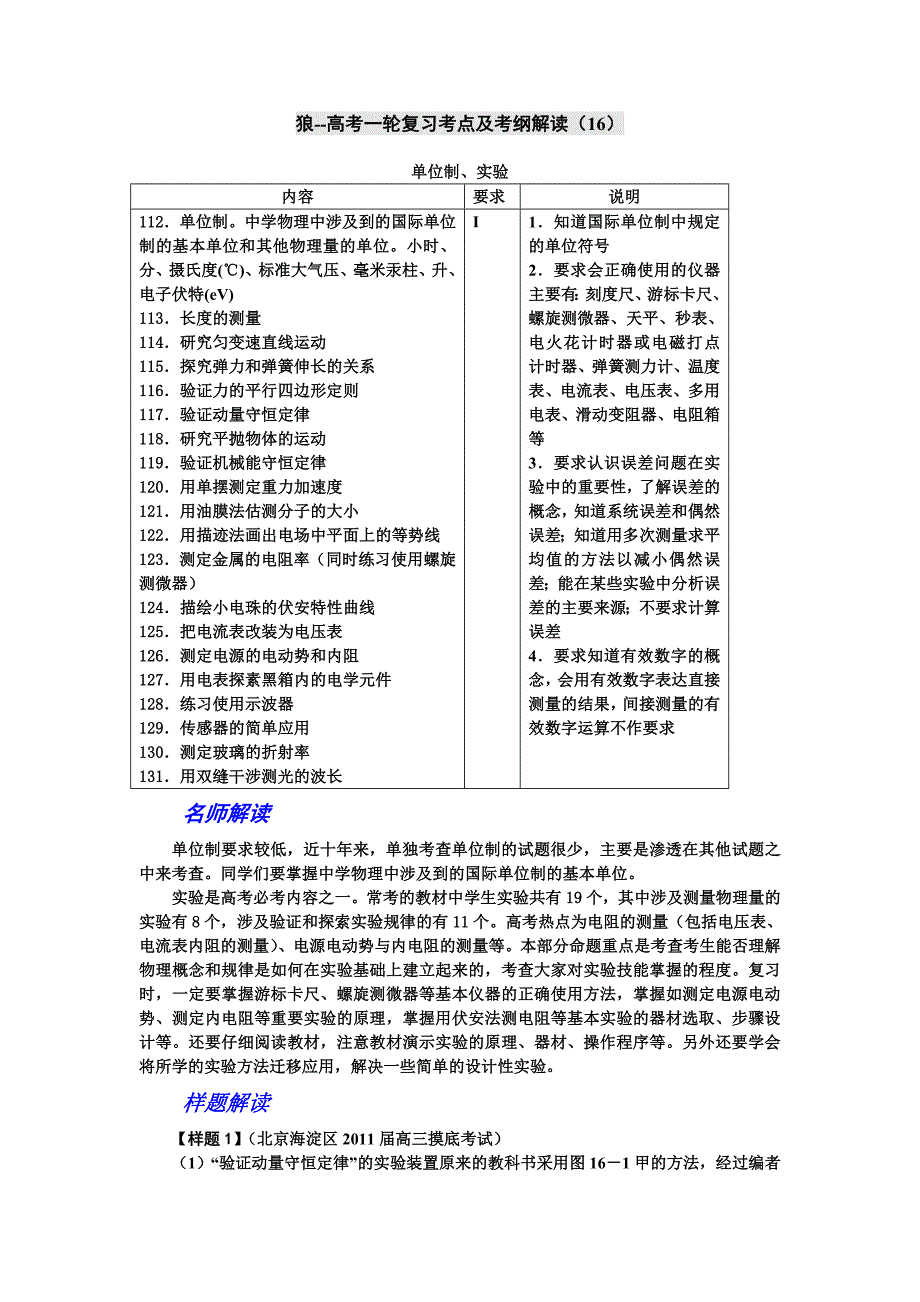 高考物理第一轮考点及考纲解读和复习题16(单位制、实验)_第1页