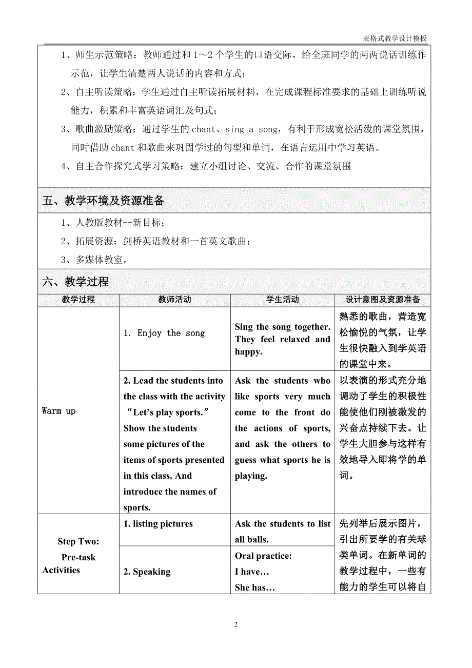 人教版七年级英语unit5表格式教学设计方案_第2页