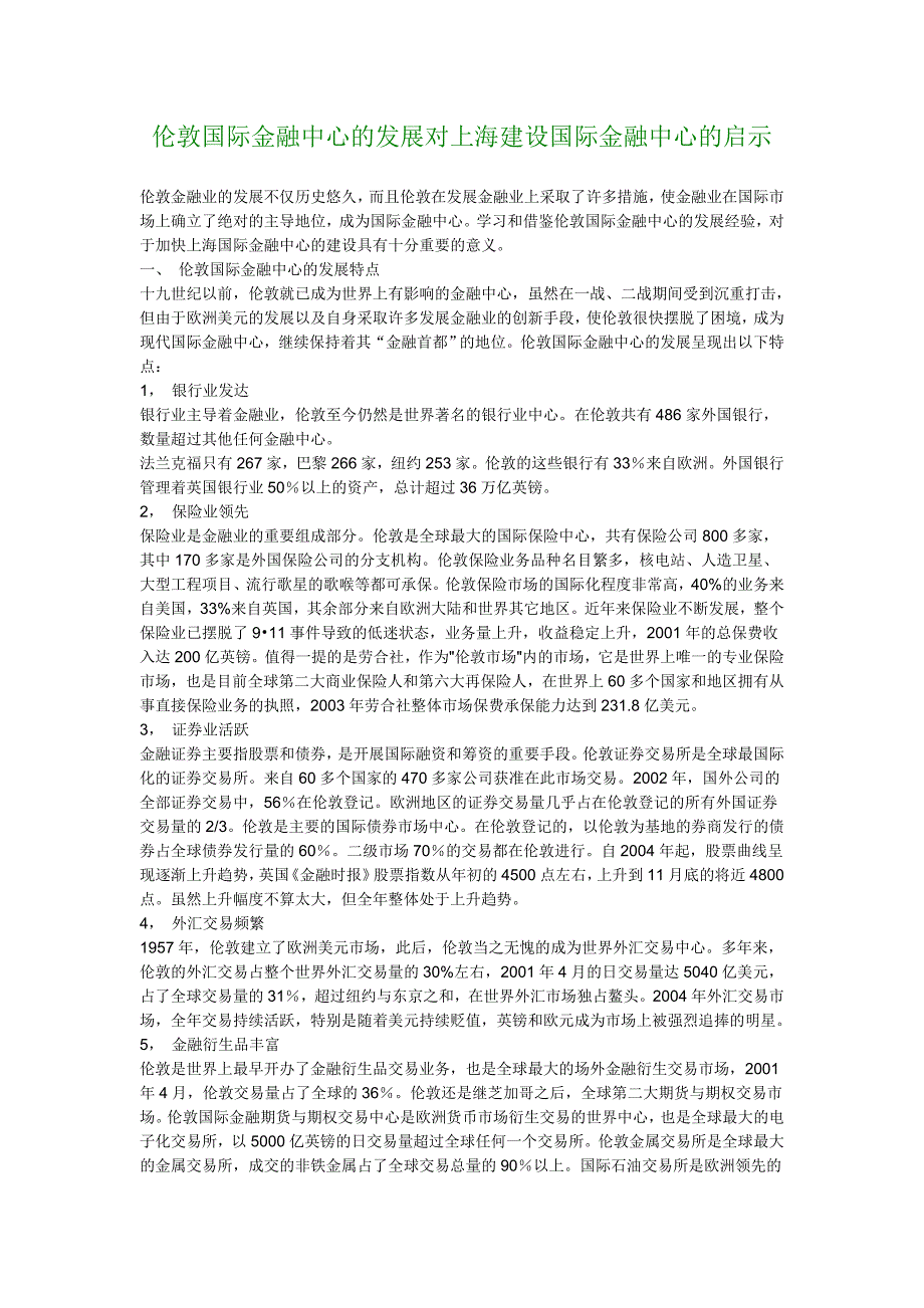 经济类论文伦敦国际金融中心的发展对上海建设国际金融中心的启示_第1页