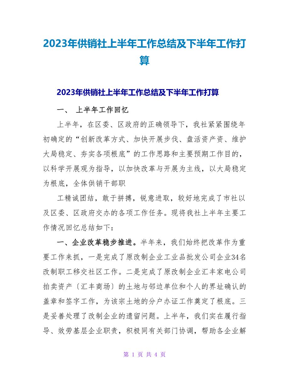 2023年供销社上半年工作总结及下半年工作打算.doc_第1页