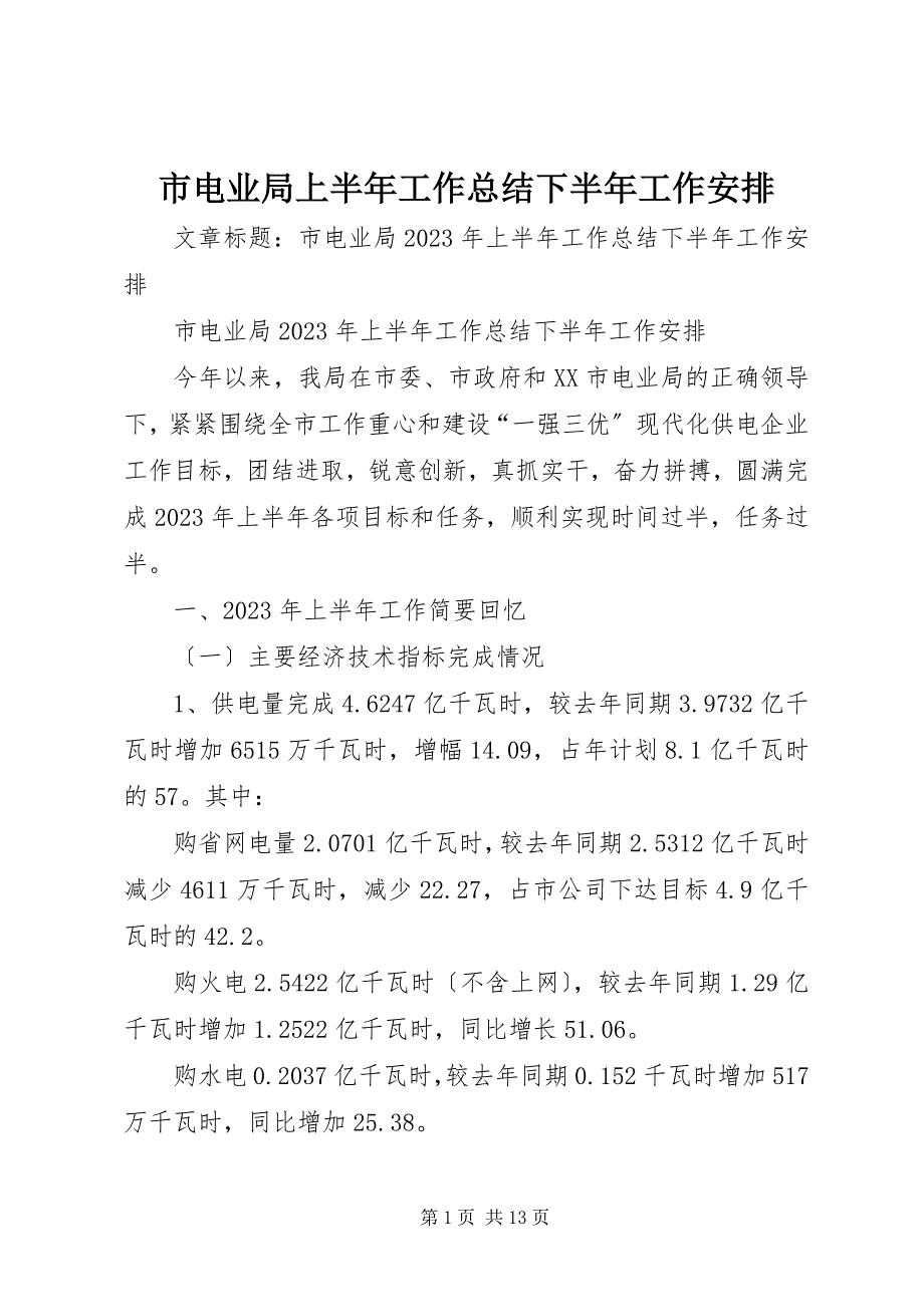 2023年市电业局上半年工作总结下半年工作安排.docx_第1页