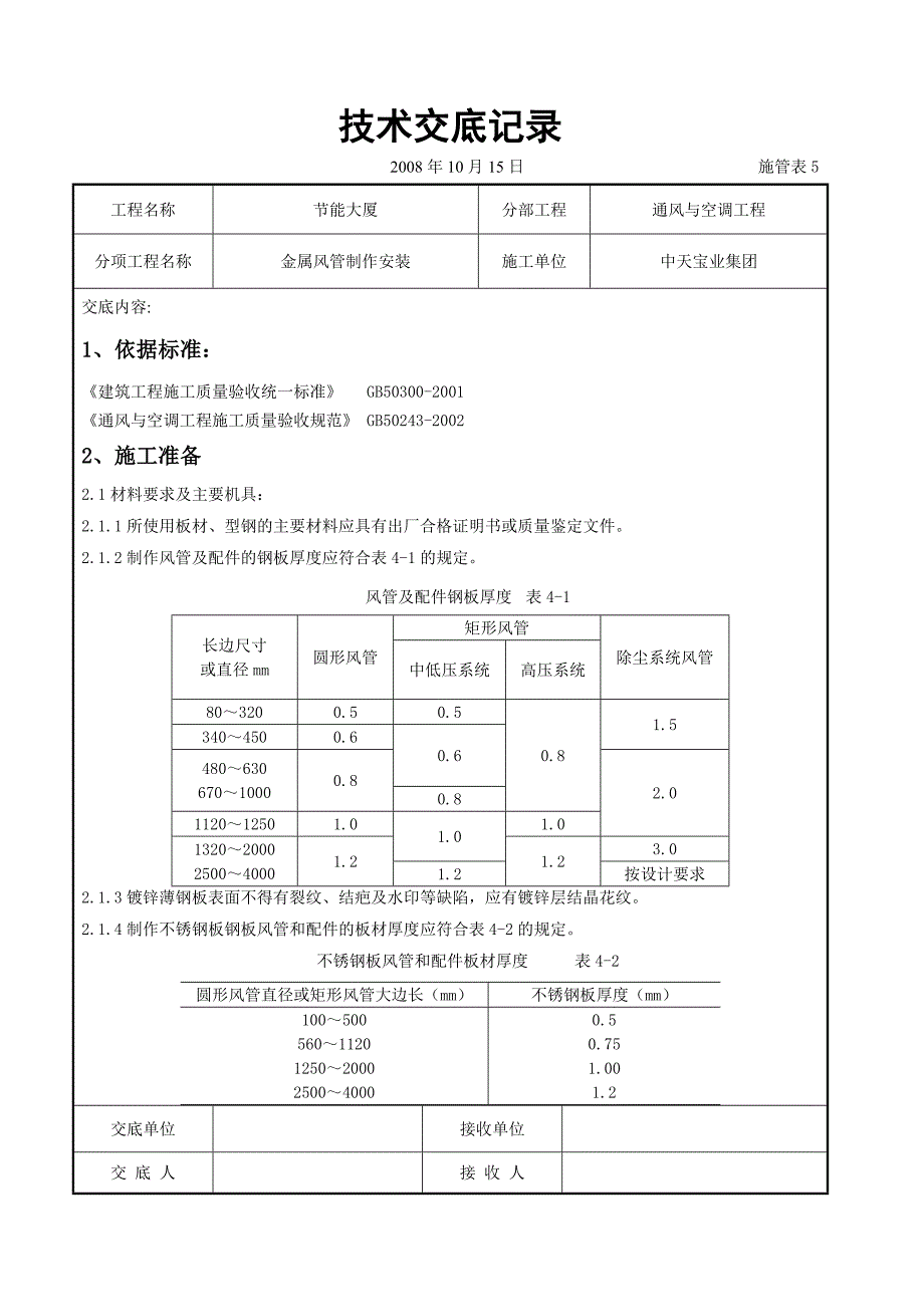 （专业施工组织设计）金属风管制作安装施工交底记录_第1页