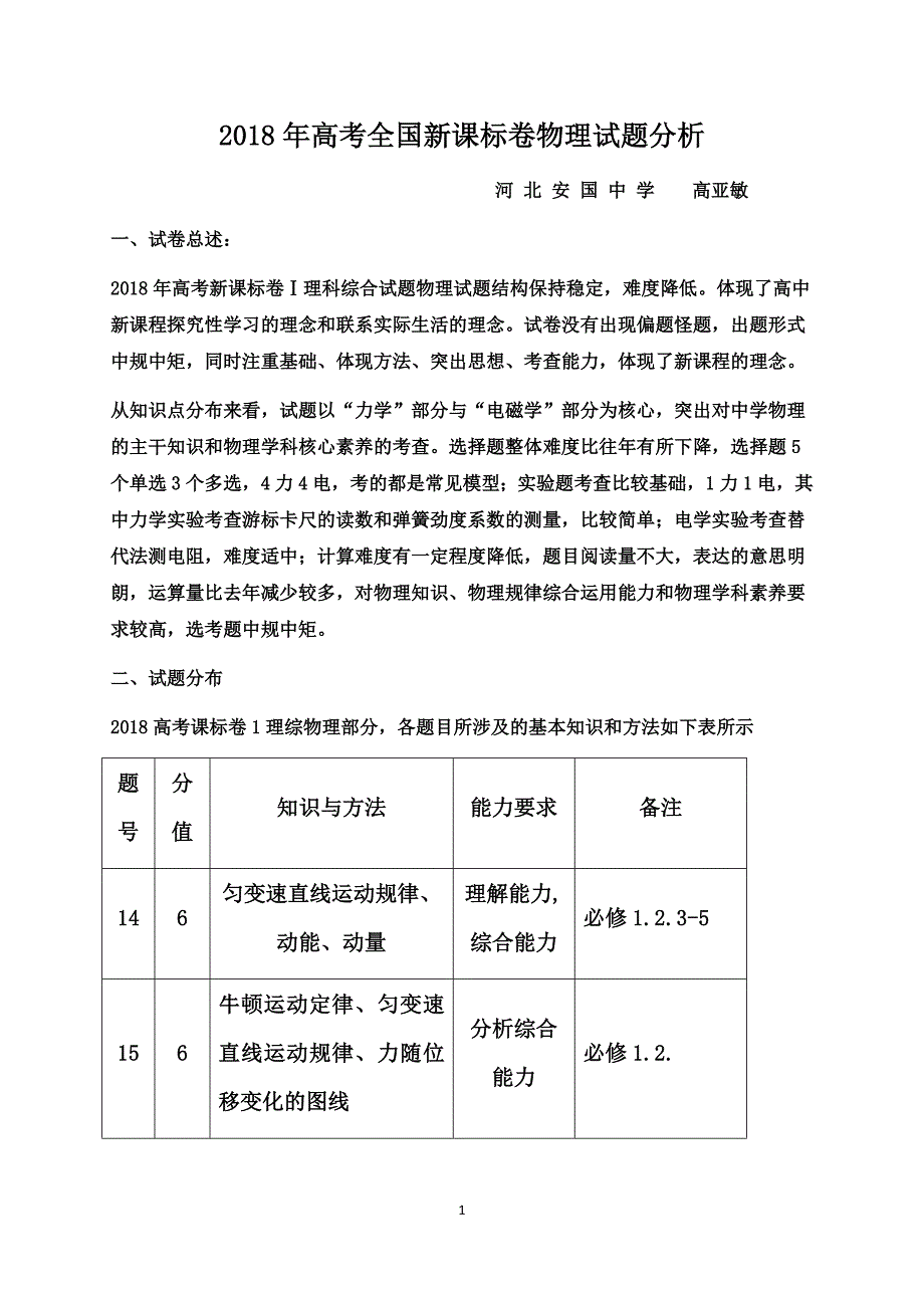 2018年高考全国新课标卷物理试题分析.doc_第1页