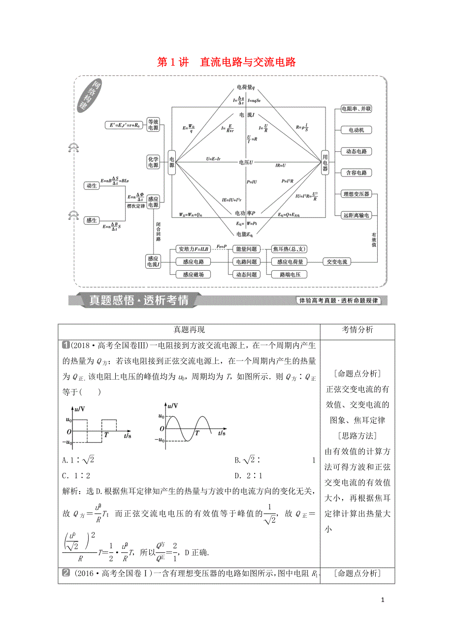 2019届高考物理二轮复习 专题四 电路与电磁感应 第1讲 直流电路与交流电路学案_第1页