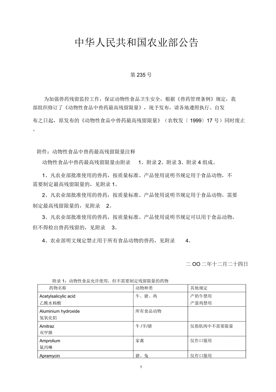 动物性食品中兽药最高残留限量_第1页