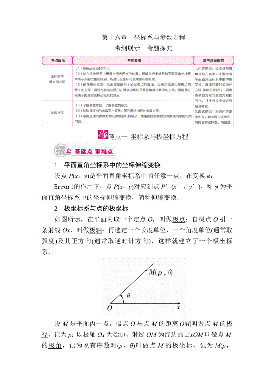 【学霸优课】数学文一轮教学案：第十六章　坐标系与参数方程 Word版含解析_第1页