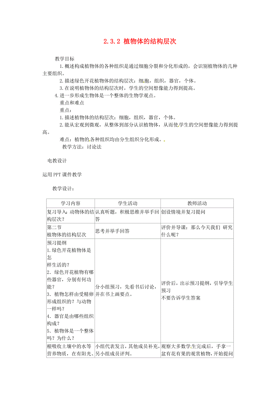 精选类天津市新开中学七年级生物上册2.3.2植物体的结构层次教案新人教版_第1页