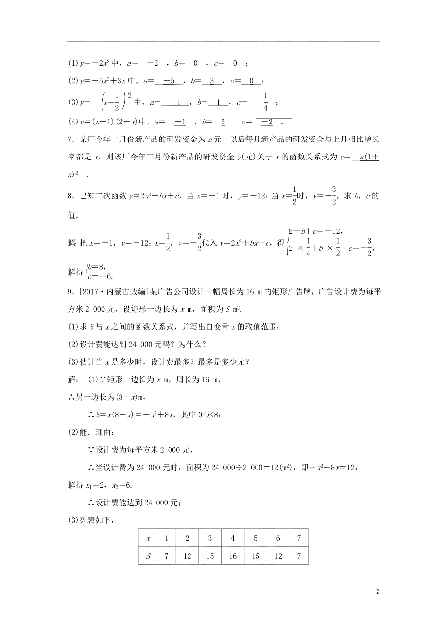 九年级数学上册 第一章 二次函数 1.1 二次函数随堂练习（含解析）（新版）浙教版_第2页