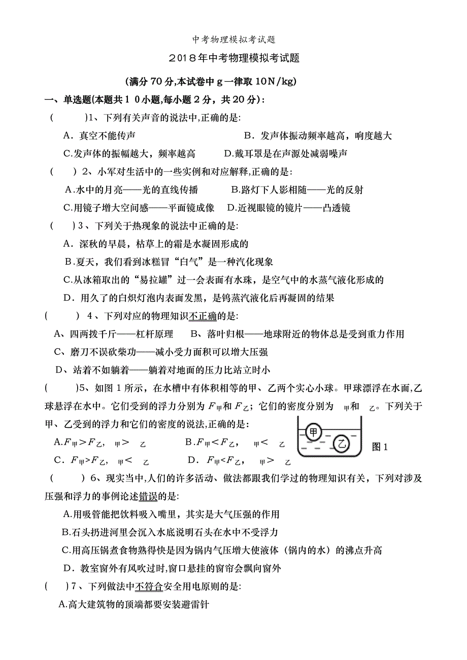 中考物理模拟考试题_第1页