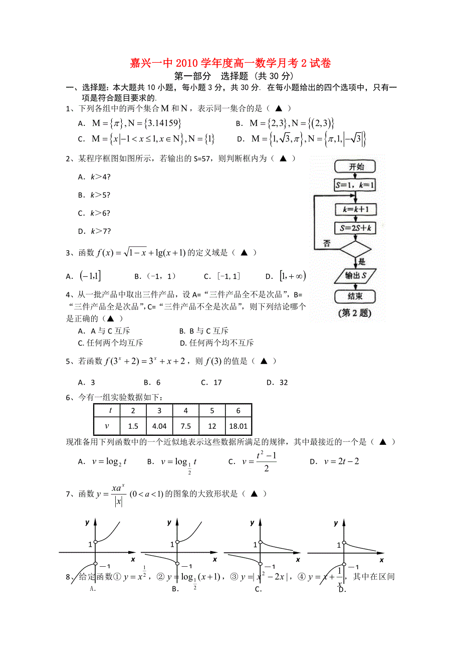 浙江省嘉兴一中2010-2011学年高一数学12月月考题新人教A版_第1页