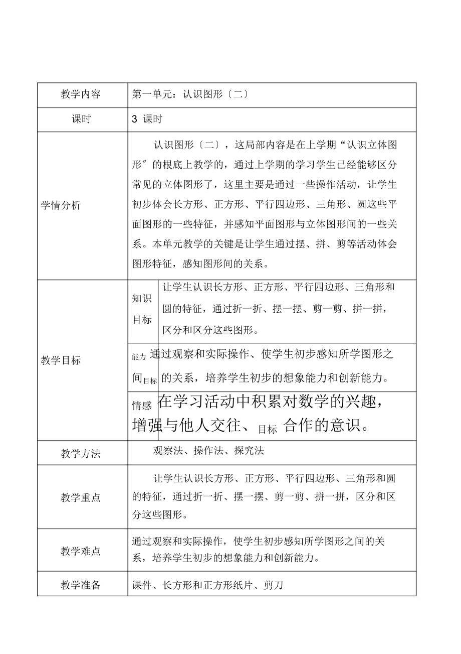 人教版一年级数学下册教案全册表格式集体备课(最新2016年)_第1页