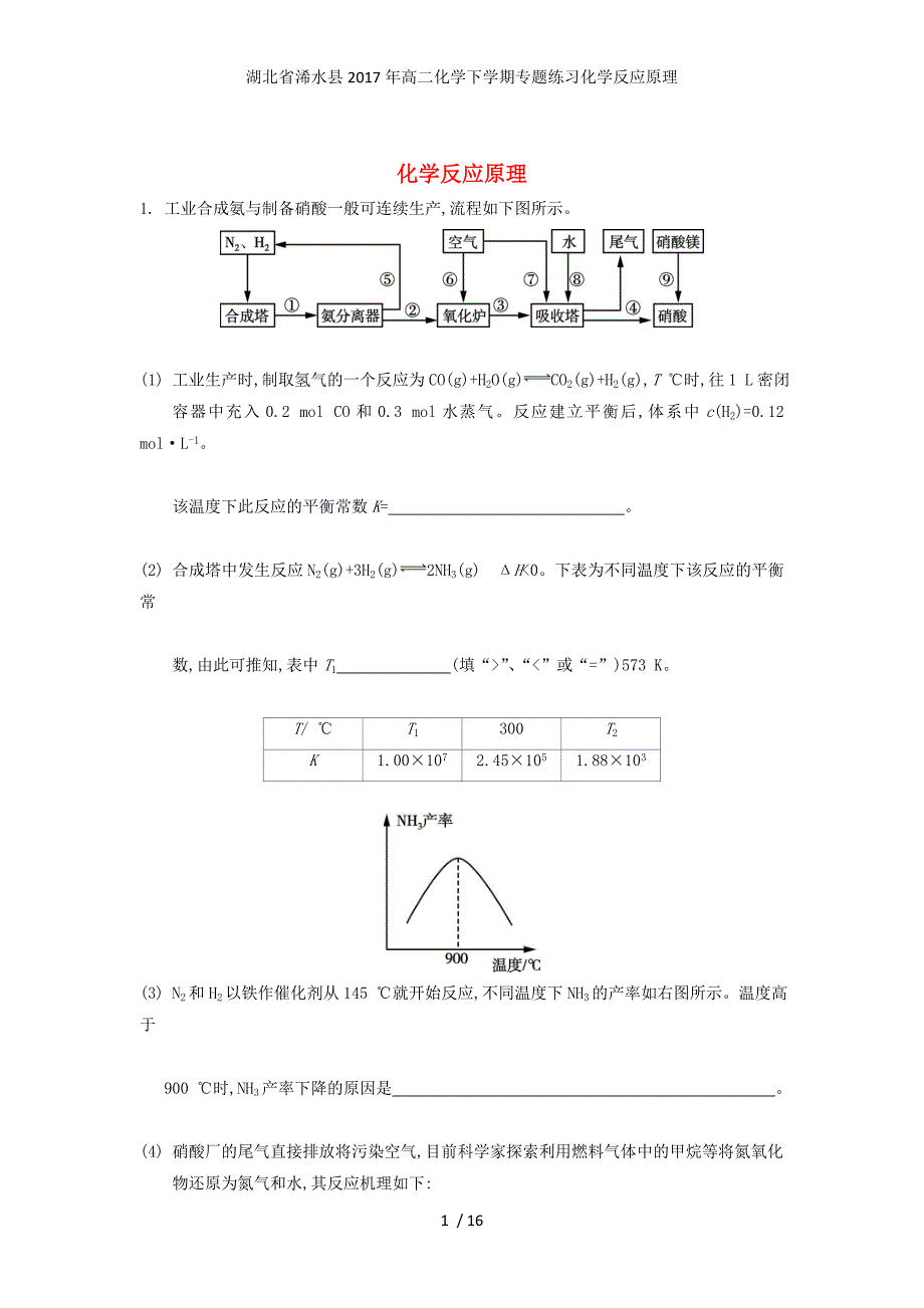 湖北省浠水县高二化学下学期专题练习化学反应原理_第1页