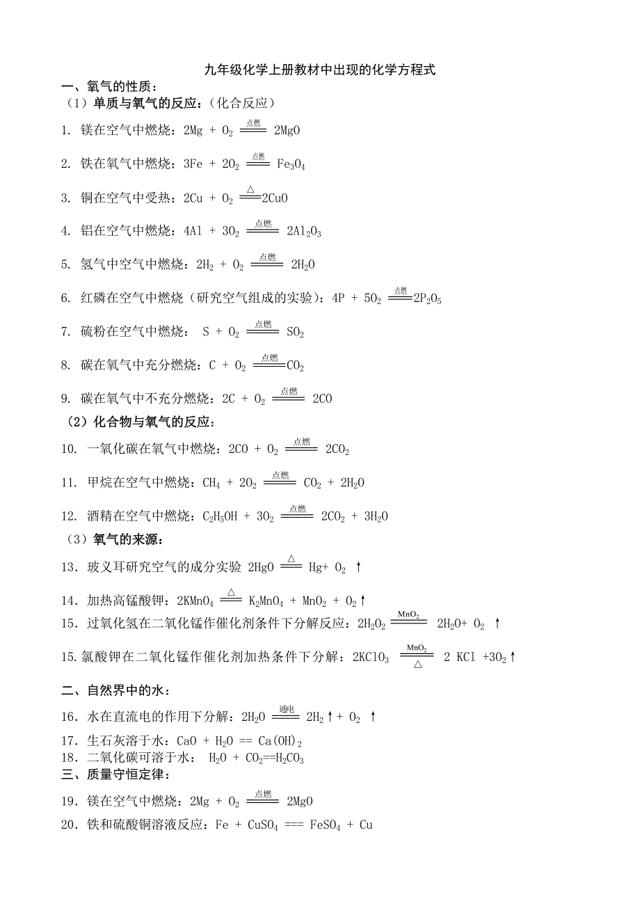 九年级化学上册教材中出现的化学方程式_第1页