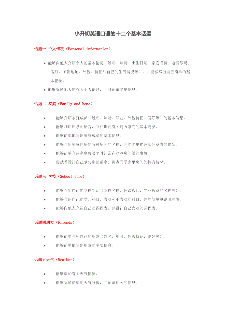 小升初英语口语的十二个基本话题_第1页