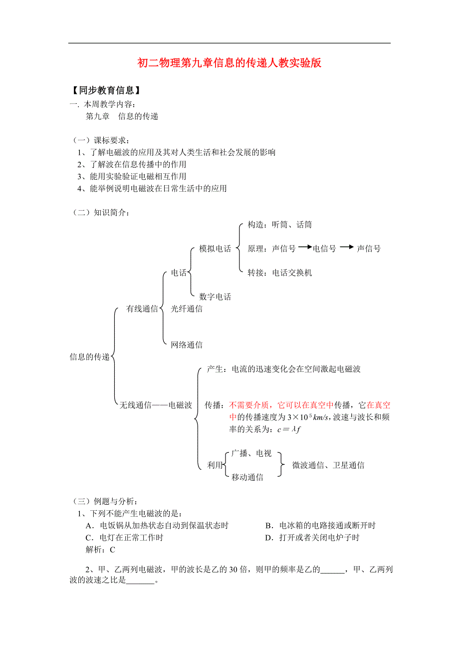 整理版初二物理第九章信息的传递人教实验_第1页