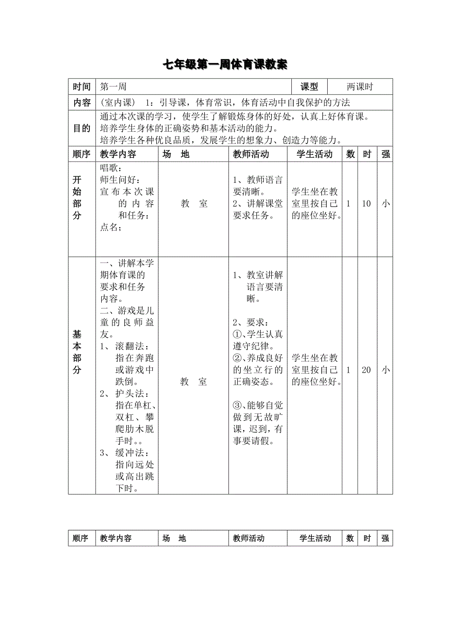 七年级第一周体育课教案_第1页