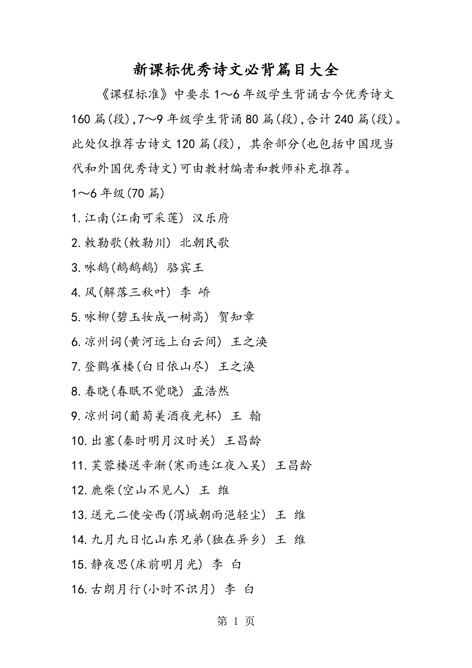 2023年新课标优秀诗文必背篇目大全.doc_第1页