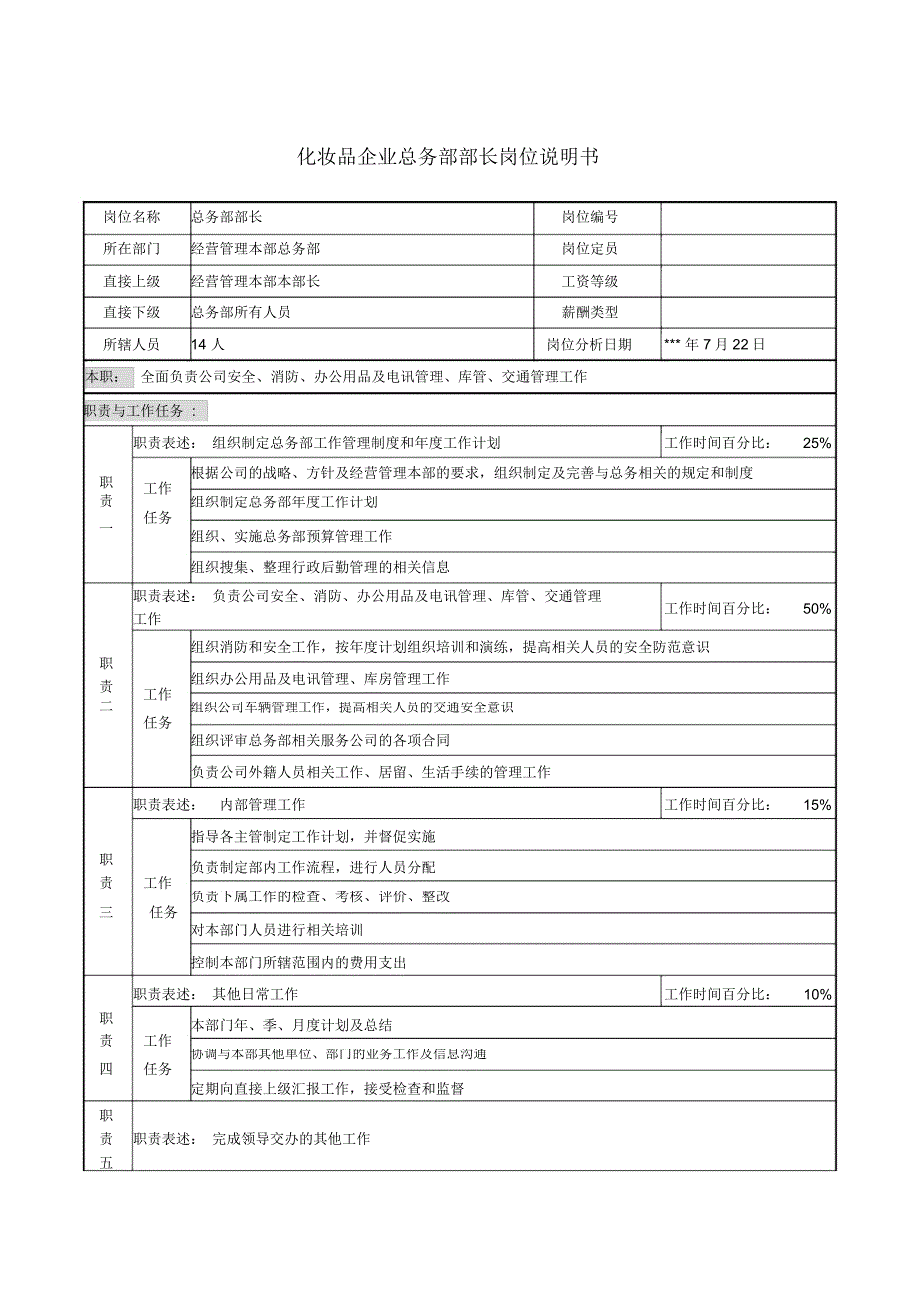 化妆品企业总务部部长岗位说明书_第1页