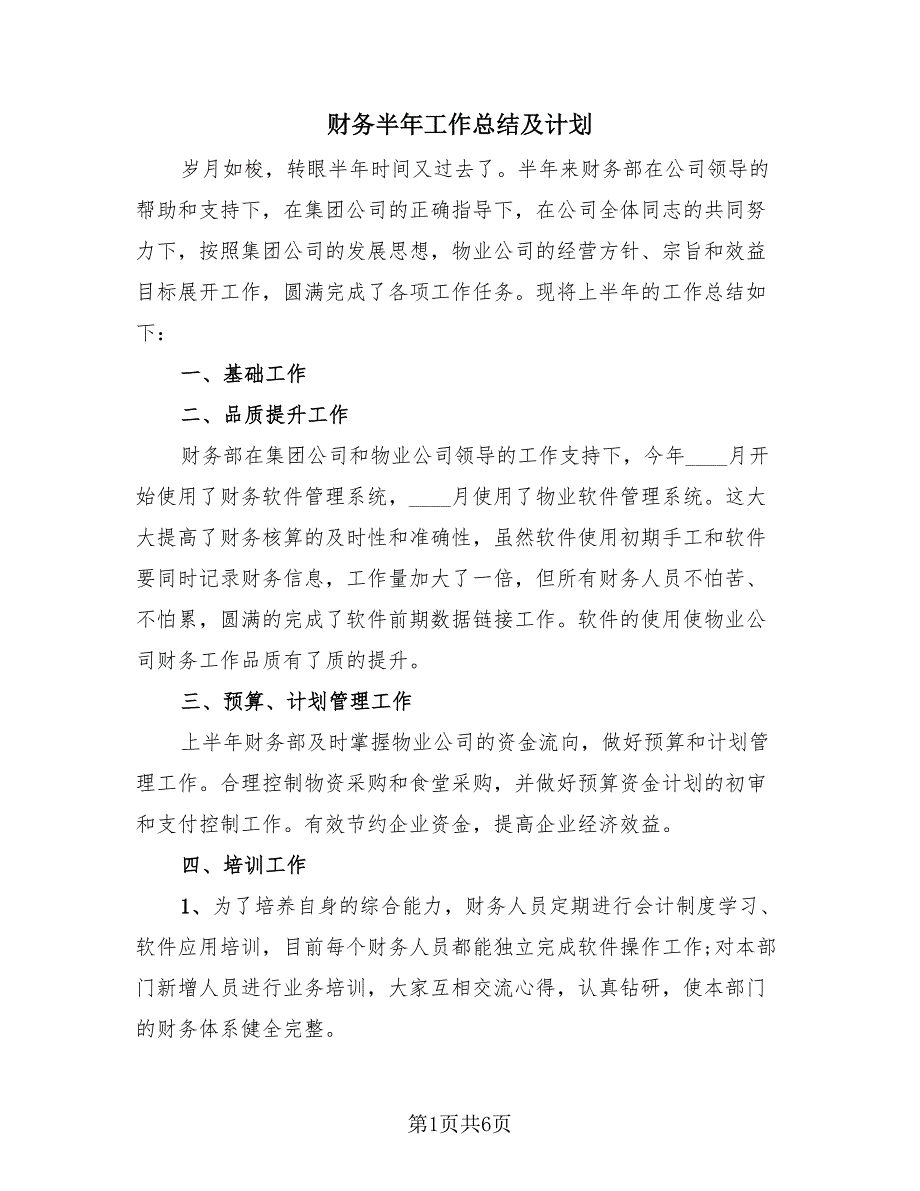 财务半年工作总结及计划（2篇）.doc_第1页