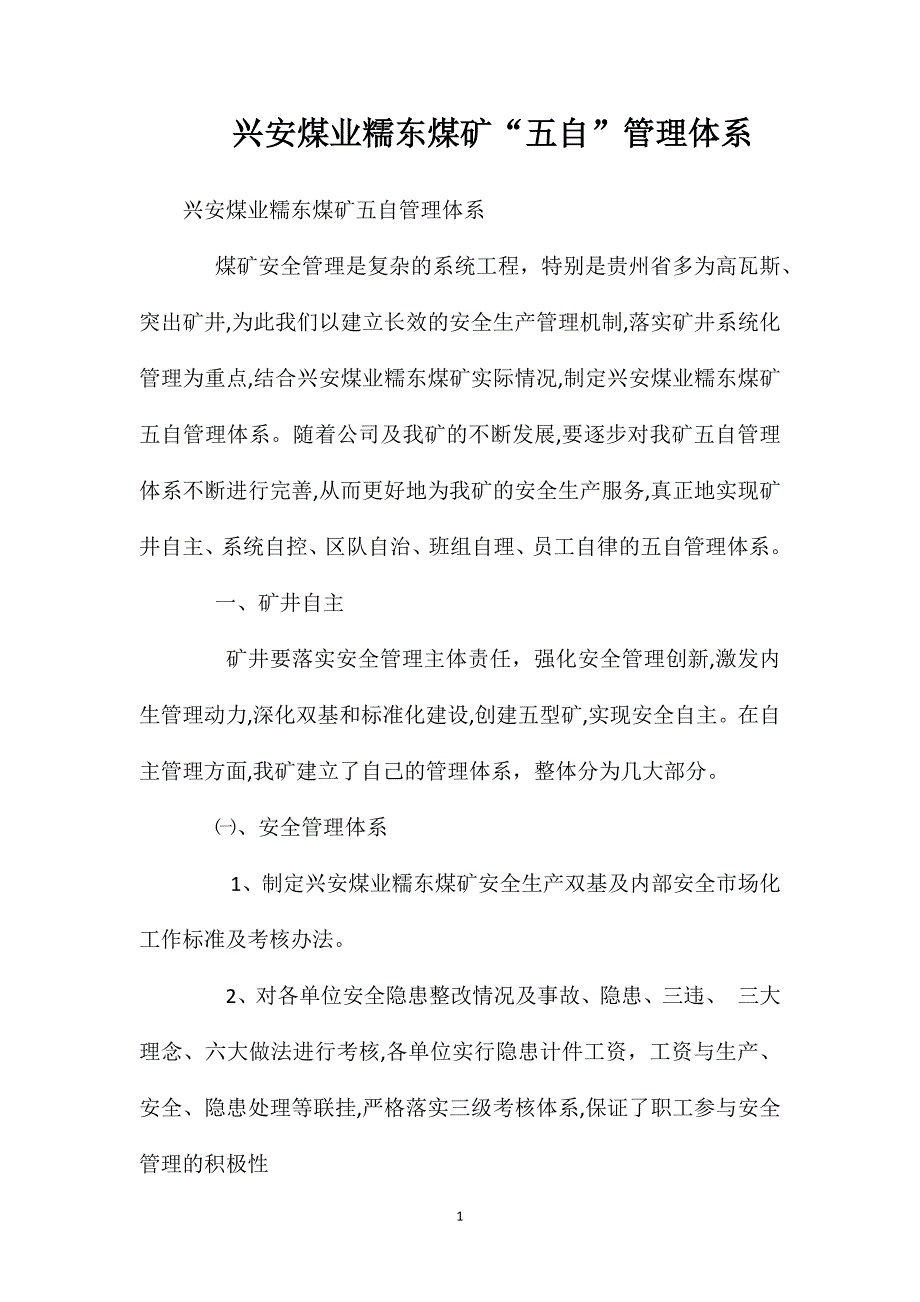 兴安煤业糯东煤矿五自管理体系_第1页