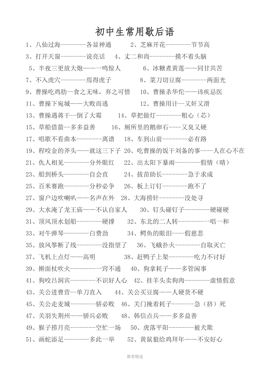 推荐-初中生常用歇后语150句_第1页