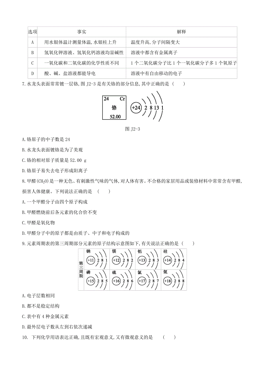 （山西专版）2020中考化学复习方案 阶段测试（02）物质构成的奥秘试题_第2页