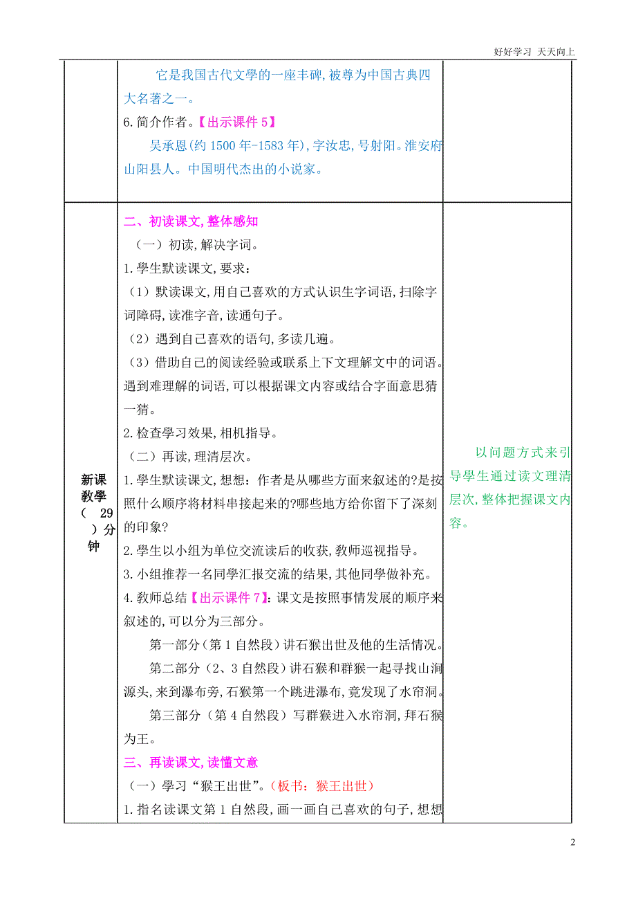 人教部编版版小学语文五年级下册-7-猴王出世-名师优质教学教案-(2)_第2页