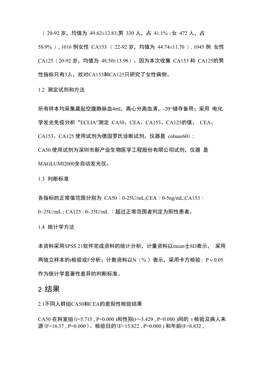 医院常见肿瘤标志物 CA50、CEA、CA153、CA125不同人群组的比较_第3页