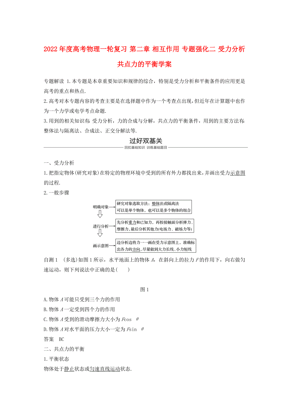 2022年度高考物理一轮复习 第二章 相互作用 专题强化二 受力分析 共点力的平衡学案_第1页