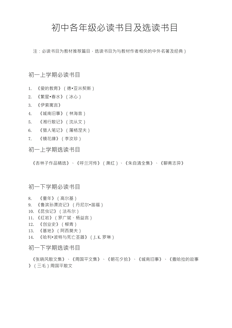 初中各年级必读书目及选读书目_第1页