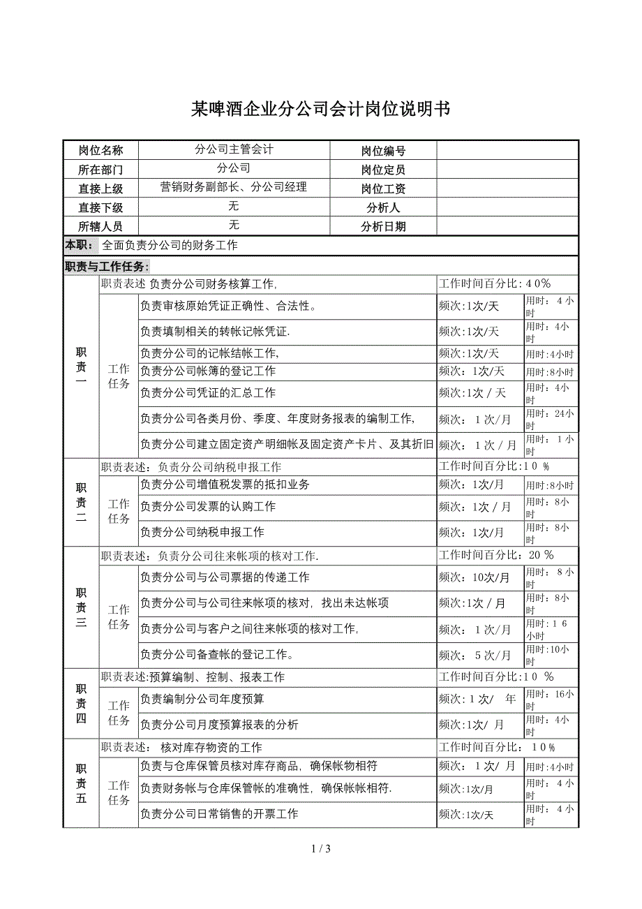 某啤酒企业营销分公司会计岗位说明书_第1页