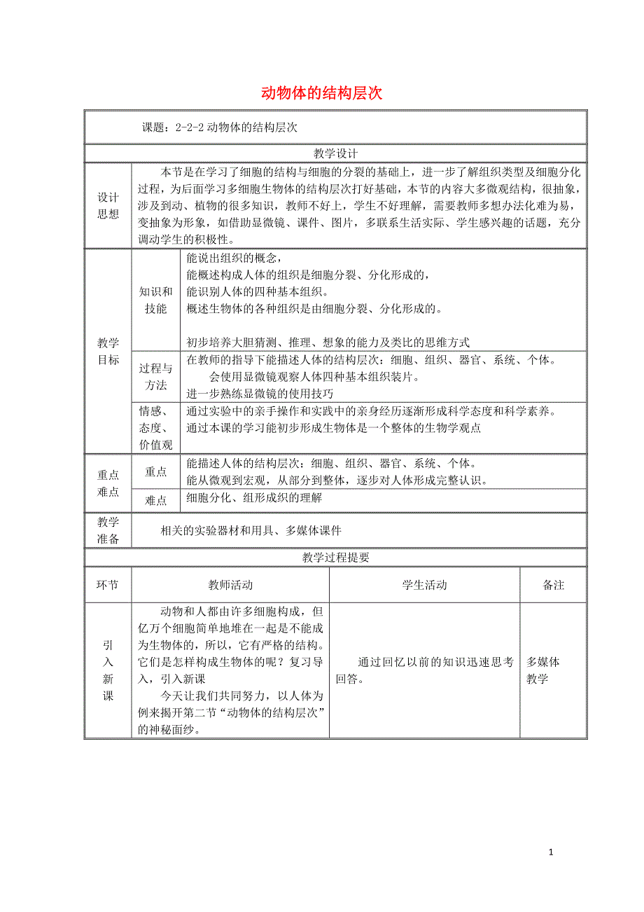 七年级生物上册2.2.2动物体的层次结构教案新版新人教版0811257_第1页