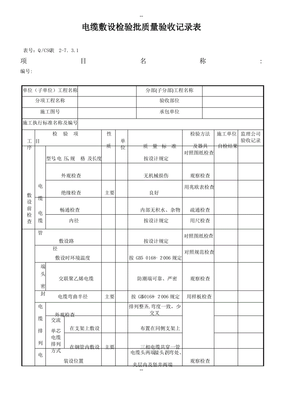 电缆敷设检验批质量验收记录表_第1页