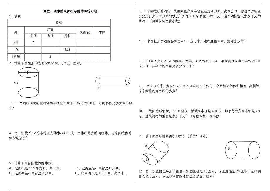 圆柱、圆锥的表面积和体积练习题_第1页