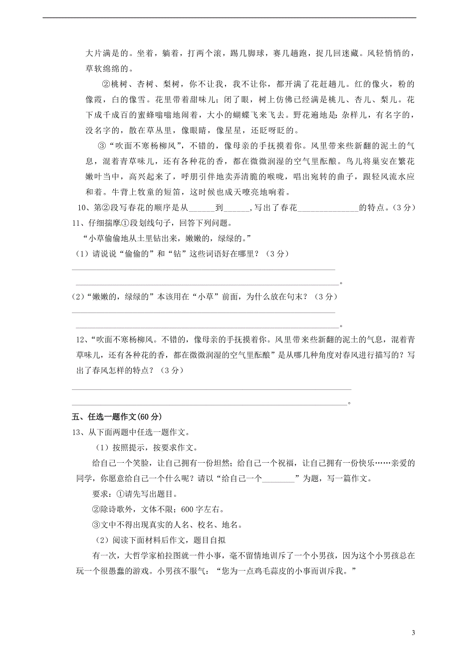 四川省成都市七年级语文下学期入学考试试题-新人教版_第3页