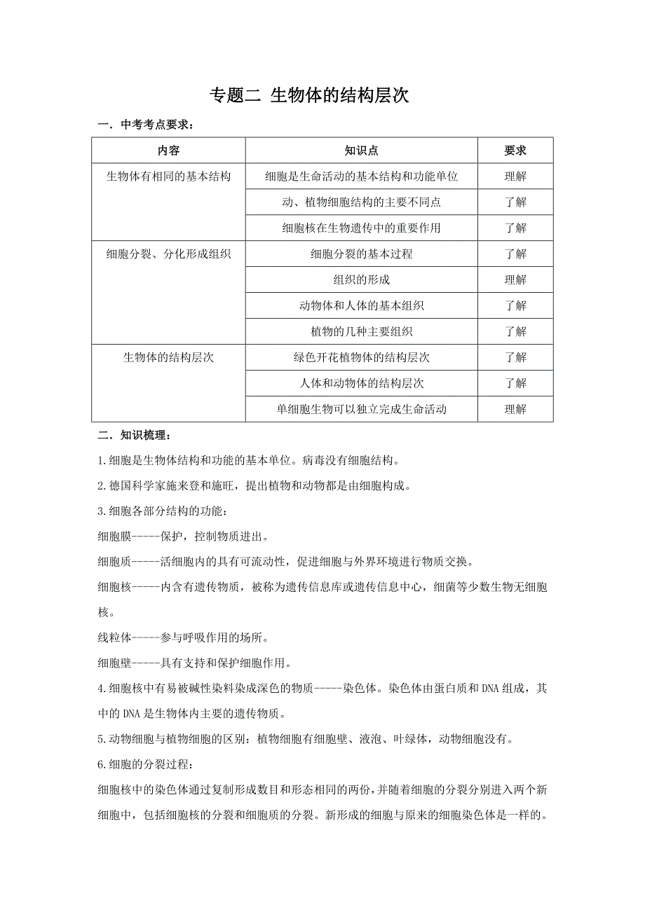 生物中考复习专题二生物体的结构层次_第1页