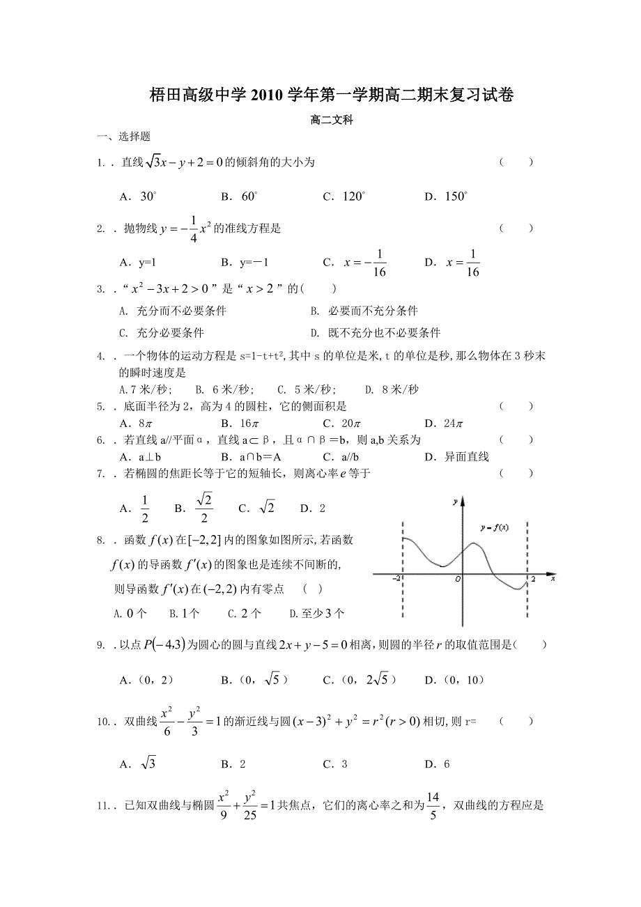 高二第一学期期末复习试卷文_第1页