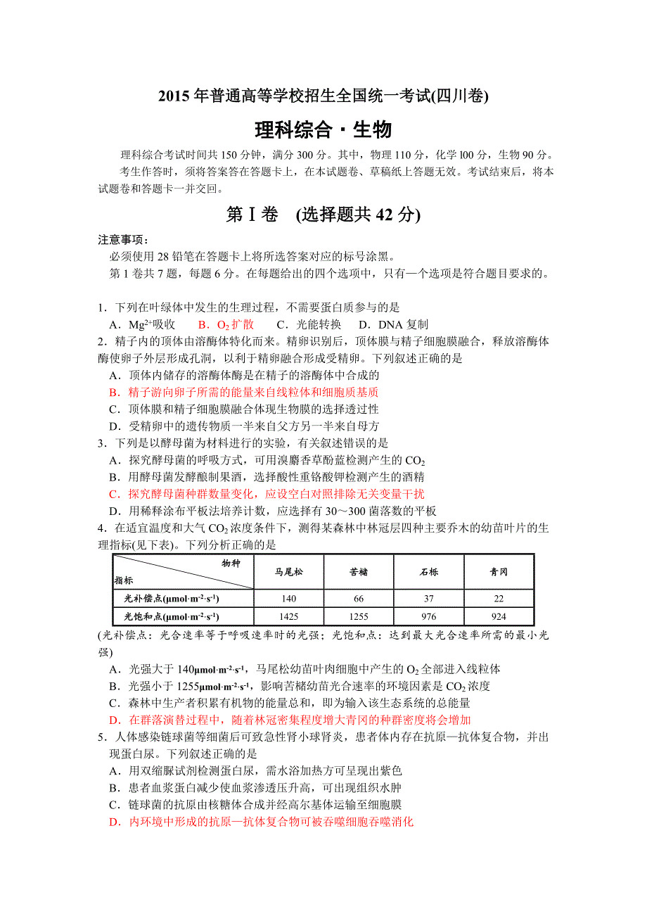 四川高考生物卷含答案及精准校验_第1页