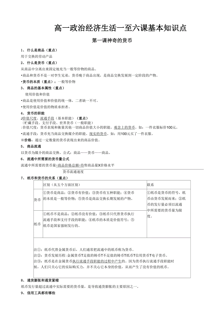 高中一年级上期中考试政治基本知识点总结_第1页